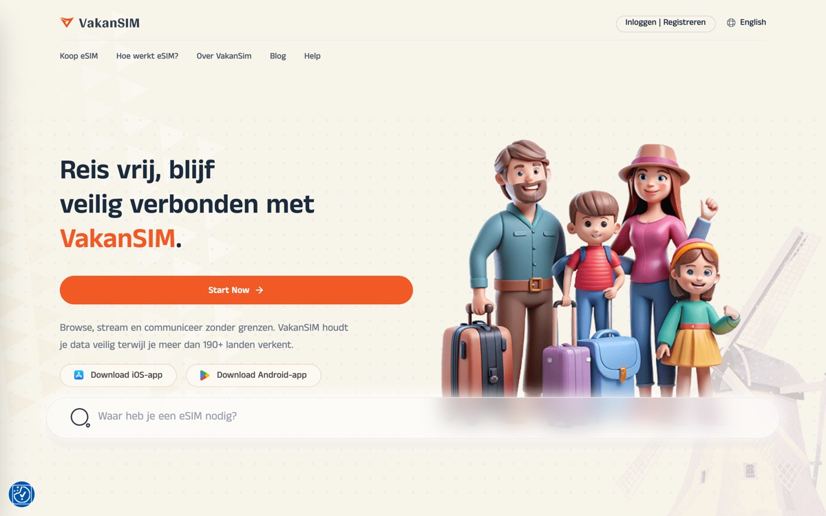 VakanSIM: the home page with a destination search and app download buttons